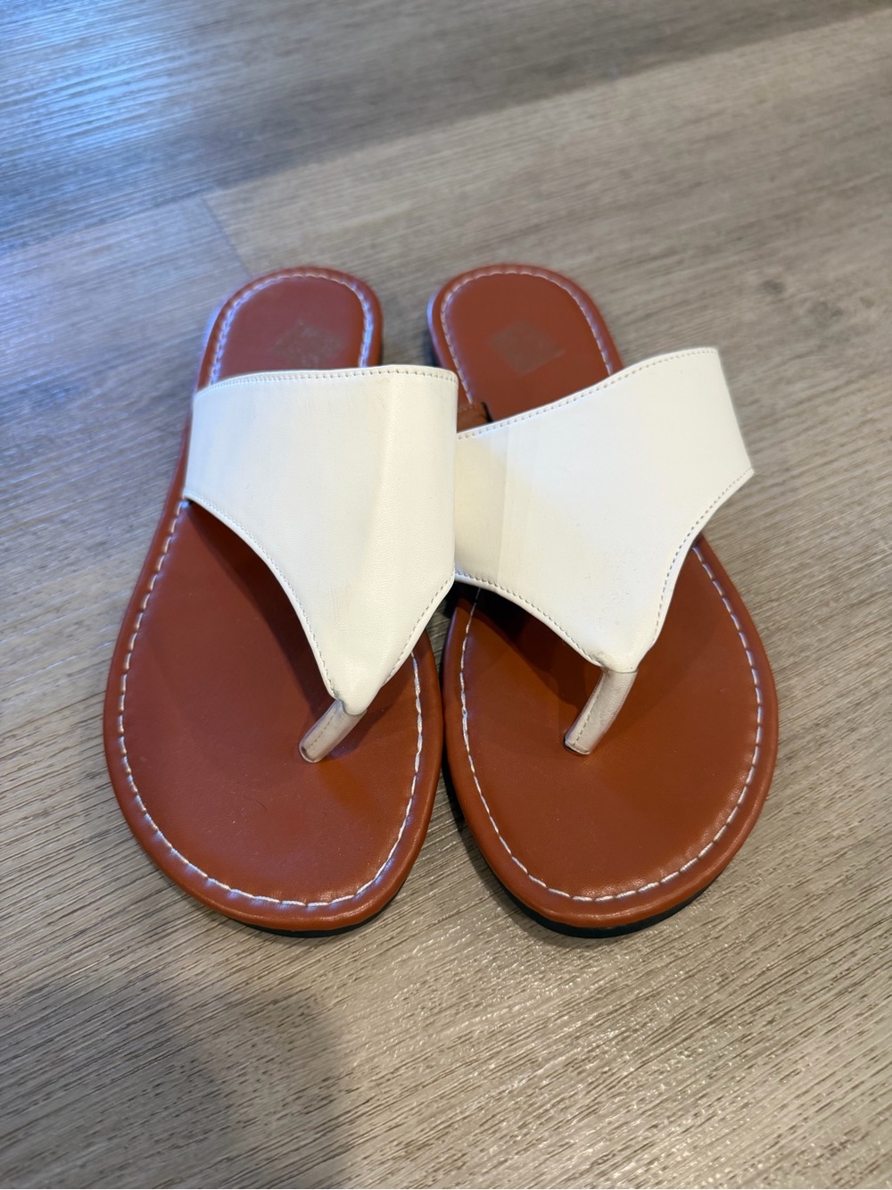 White Leather Thong Sandals with Brown Footbed